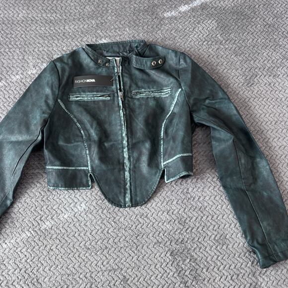 NWT Fashion Nova Arlo Green Washed Faux Leather Vegan Crop Zip Up Jacket Size M - Picture 6 of 6